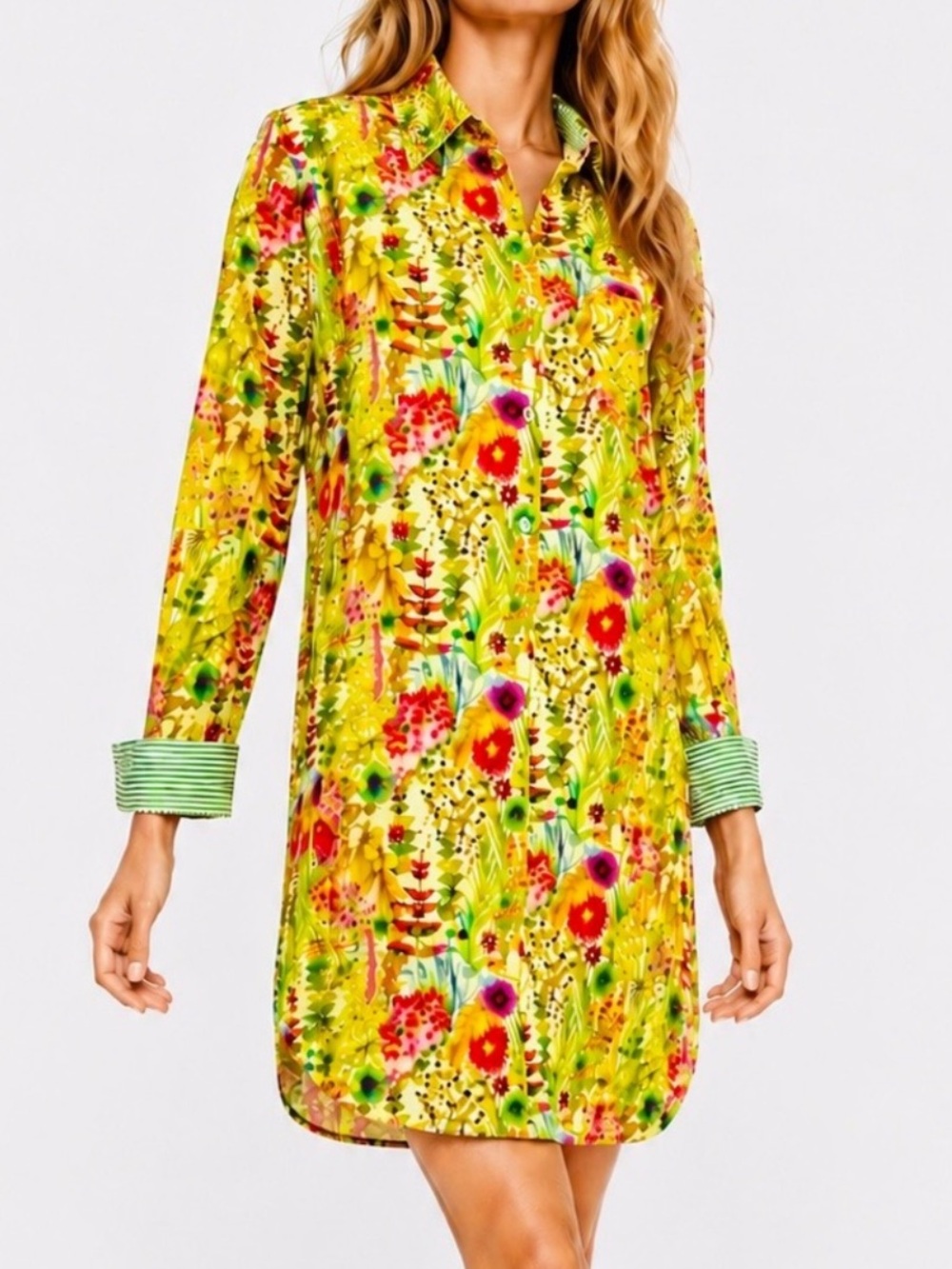 LABORATORIO CAPRI Yellow Floral Long-Sleeve Shirt Mini Dress